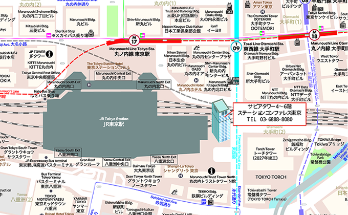 サピアタワーへのアクセスマップ（東京駅八重洲北口・大手町駅B7出口からの経路）
